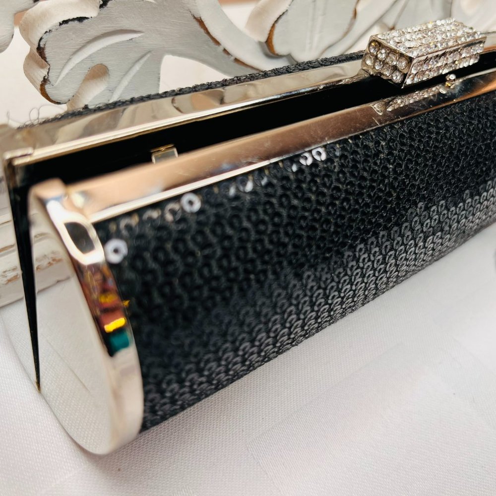 Vintage Black Sequin Cylindrical Clutch, Silver Chain, Elegant, 2000s - Picture 5 of 10